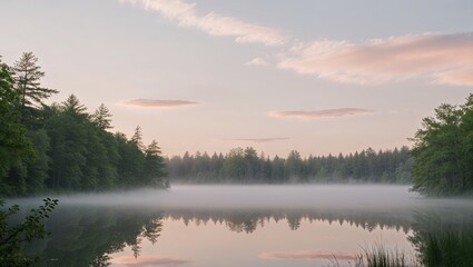 Obraz premium Tranquil Sunrise Over Forest Lake with Misty Water and Pastel Sky.