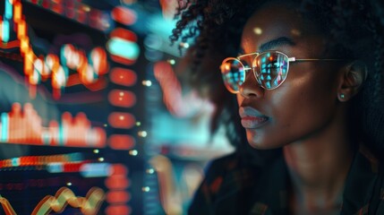 Financial research and analysis using graph visuals and technology, focusing on investments in stock trading and cryptocurrency, featuring an entrepreneur engaging with digital finance tools