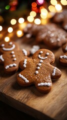 Festive gingerbread men decorated with icing, on a kitchen counter with Christmas lights in the background, copy space, Merry Christmas background, holiday baking, seasonal treats