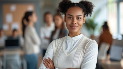 Fototapeta premium Confident woman with a smile poses with arms crossed, embodying happiness in a professional meeting. Represents success in property development and engineering within a team environment