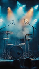 Drum Kit on Stage with Microphones and Lights, AI generated illustration