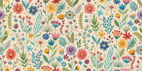Whimsical and colorful seamless wildflower pattern on a light background for design projects