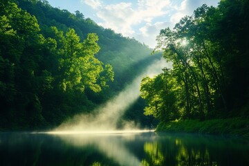 Serene river surrounded by lush greenery and mist, illuminated by soft sunlight filtering through the trees.