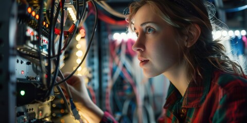 Female engineer inspecting server room, managing cables and power solutions, troubleshooting hardware issues, utilizing tablet for cybersecurity checks and data center programming