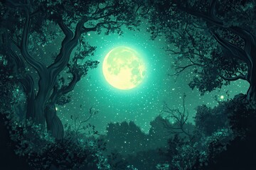 Obraz premium Full Moon Shining Through Silhouetted Trees in a Night Forest