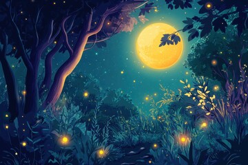 Fototapeta premium A Moonlit Forest with Fireflies and a Full Moon