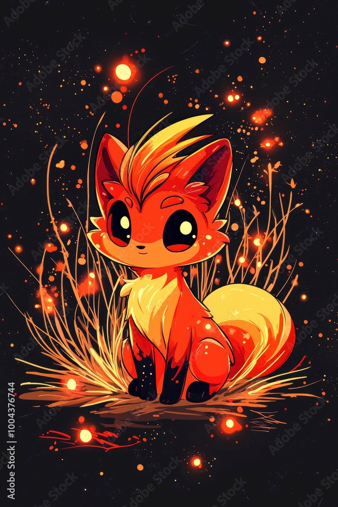 Poster Cute Fire Fox in a Field of Stars