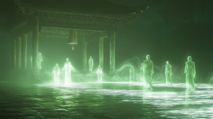 Obraz premium Eerie Ancient Chinese Temple Bell Tolling with Ghostly Figures Gathering in Dark Mythology Scene