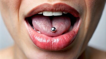 Close up of pierced tongue licking lips with copy space for text in foreground