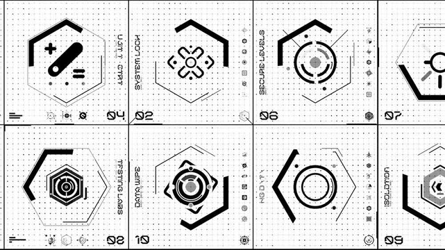 A black and white looping background containing typographic elements with a mix of animated digital tech style HUD symbols and modulation effect synthetic humanoid characters.

