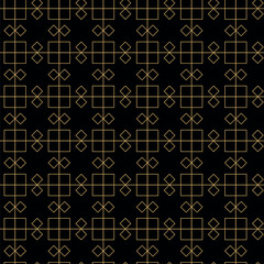 Abstract geometric pattern with squares, stripes, lines. Seamless vector background. Black and gold ornament. Modern graphic design.