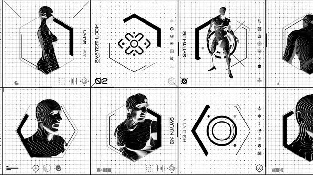 A black and white looping background containing typographic elements with a mix of animated digital tech style HUD symbols and modulation effect synthetic humanoid characters.
