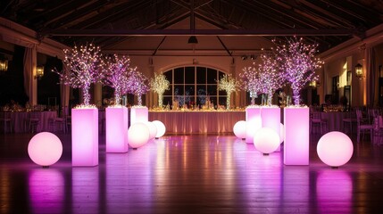 Elegant event space with pink lighting, decorated trees, and soft glowing spheres, perfect for celebrations.