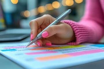 Close up of woman's hand writing on sticky note with silver pen in office, calendar and computer desk background. Business concept for modern work lifestyle or personal planning. 