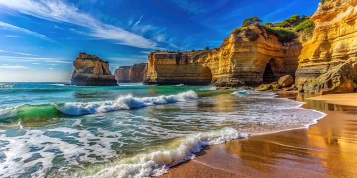Waves Rolling on Sandy Beach at Low Tide in Algarve, Portugal with Cliffs and Grottos Nearby
