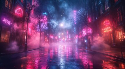 wet asphalt glistens under vivid reflections of neon lights and a solitary searchlight piercing through swirling smoke creating an eerie abstract urban atmosphere in a deserted night street