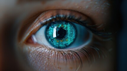 Macro shot of a human eye reflecting binary code, symbolizing technology, data security, or digital transformation, blending human and digital elements.