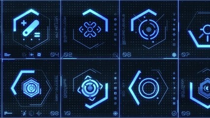 A digital style looping background containing typographic elements with a mix of animated digital glitch tech style HUD symbols and modulation effect synthetic humanoid characters.
