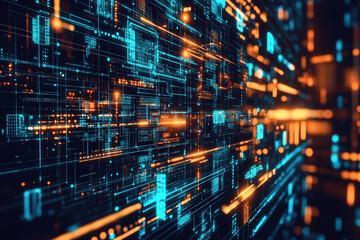 A vibrant digital landscape depicting glowing blue and orange data streams flowing through an abstract grid structure. Generative AI