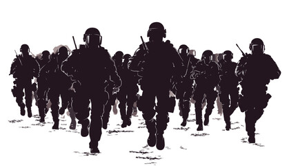Naklejka premium vector silhouette of a group of military police officers with weapons on a white background .Generative AI