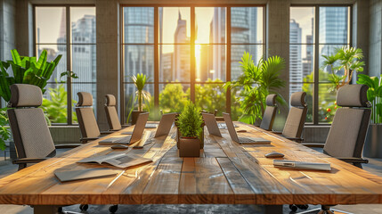 Fototapeta premium Modern Conference Room with Wooden Table and City View..