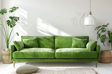 Classic living room interior with mockup, panorama, green sofa and rattan basket