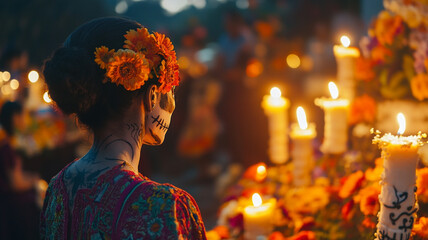 Celebrating Day of the Dead with vibrant decorations and candlelight in a festive gathering