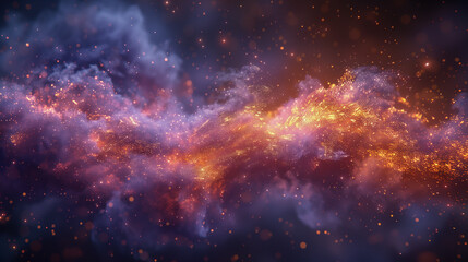Cosmic Nebula with Glowing Particles and Vibrant Orange and Purple Clouds..