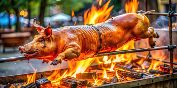 Whole pig roasting on a spit over an open flame in a rustic outdoor setting for culinary events