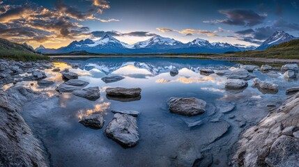 Serene mountain landscape reflecting in a calm lake at sunset.