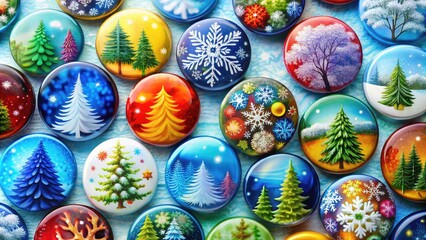 Winter-Themed Badges Featuring Snowflakes, Trees, and Seasonal Elements for Creative Projects
