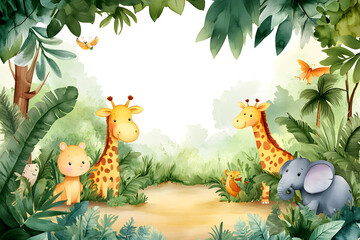 Fototapeta premium Cute cartoon safari zoo with animal frame border on background in watercolor style.