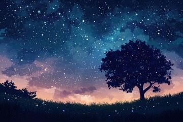 Silhouetted Tree and Grass Field Under a Starry Night Sky