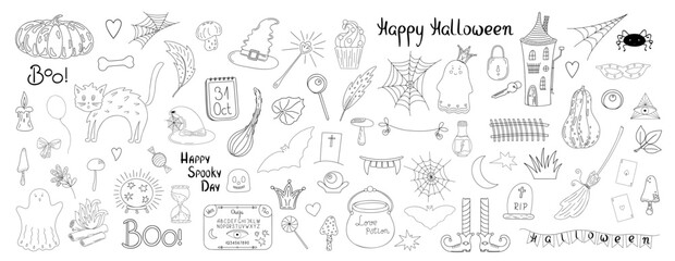 Halloween set doodle autumn holiday celebration decor, cute spooky illustration, trendy holiday symbol witch hat, poison, teeth, stocking, feather, boo, mushroom, haunted house, ouija, cobweb, pumpkin