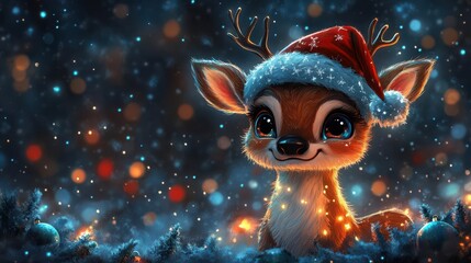 whimsical reindeer wearing santa hat playful expression twinkling eyes cartoon style vibrant colors festive background with snowflakes and ornaments holiday cheer and magic evident