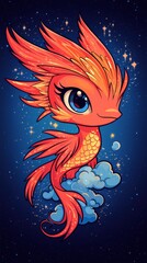 Obraz premium Adorable Cartoon Phoenix with Big Eyes in a Night Sky