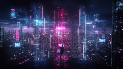 Naklejka premium Person in Futuristic City Awestruck by Neon Lights