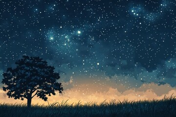 Fototapeta premium A Silhouetted Tree Under a Starry Night Sky