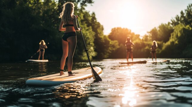 Young women enjoying a fun time on a paddle board in open water. A group of young women having fun paddling on a board under the sun.