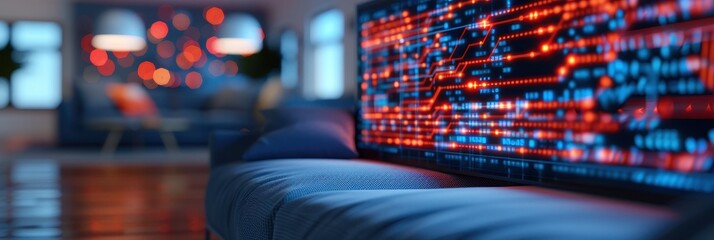 A digital data visualization displayed on a screen in a modern living room setting, with colorful glowing lights and a relaxed atmosphere.