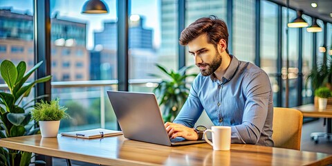 Fototapeta premium Young adult male working on laptop in modern office environment showcasing business lifestyle technology