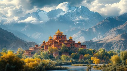 Fototapeta premium wideangle view of samye monastery nestled in the stunning tibetan landscape showcasing intricate architecture surrounded by serene mountains and cultural richness