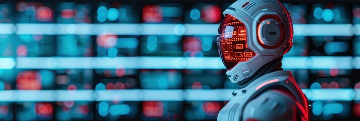 A futuristic astronaut wearing a helmet with a digital interface stands in a high-tech control room, surrounded by glowing data displays and advanced technology.