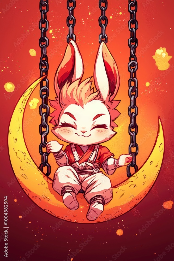 Poster Cute Rabbit Sitting on a Crescent Moon Swing