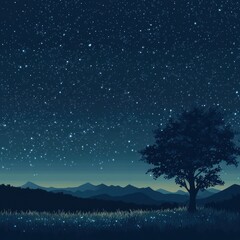 Naklejka premium Silhouetted Tree and Mountains Under a Starry Night