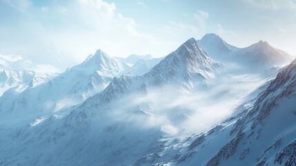 Fototapeta premium Snowy mountain landscape with mist and clouds.