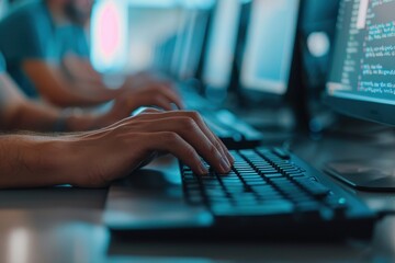 Close-up of hands typing code on a keyboard in a collaborative programming workspace, with multiple developers working at their computers.