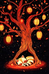 Red Panda Sleeping Under a Tree with Lanterns