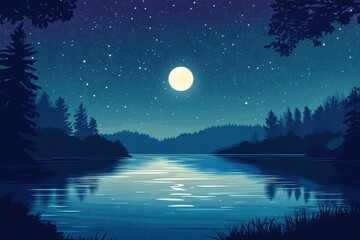 A Full Moon Glows Over a Tranquil Forest Lake at Night