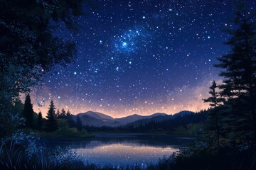 Starry Night Over a Lake in a Forest